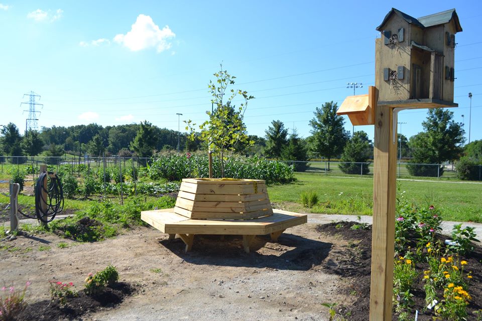community garden round bench with bird feeder